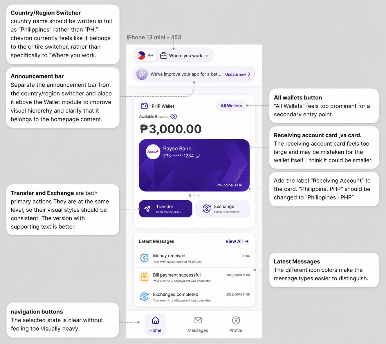 Annotated review of the old Payso homepage UI