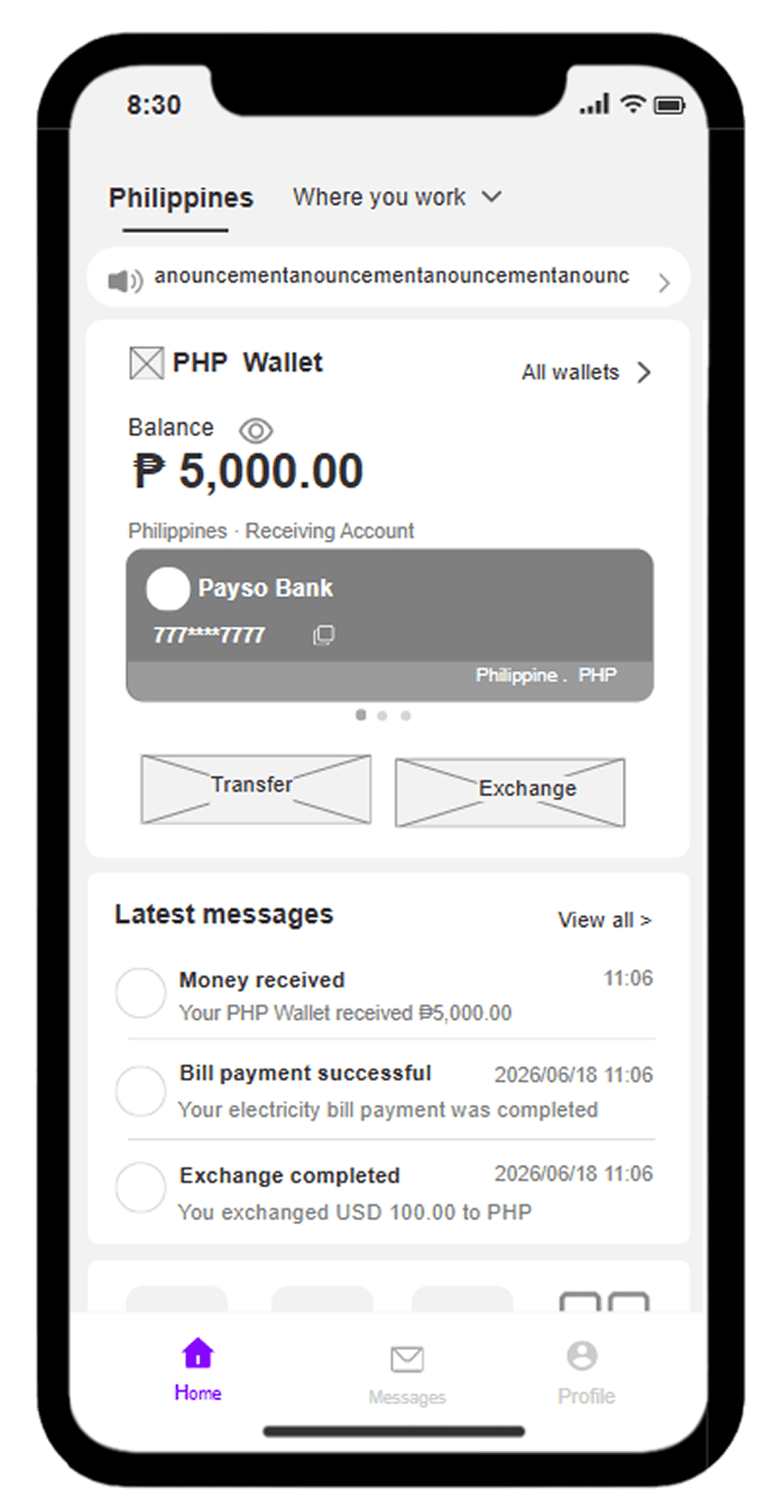 wireframe of the remittance homepage