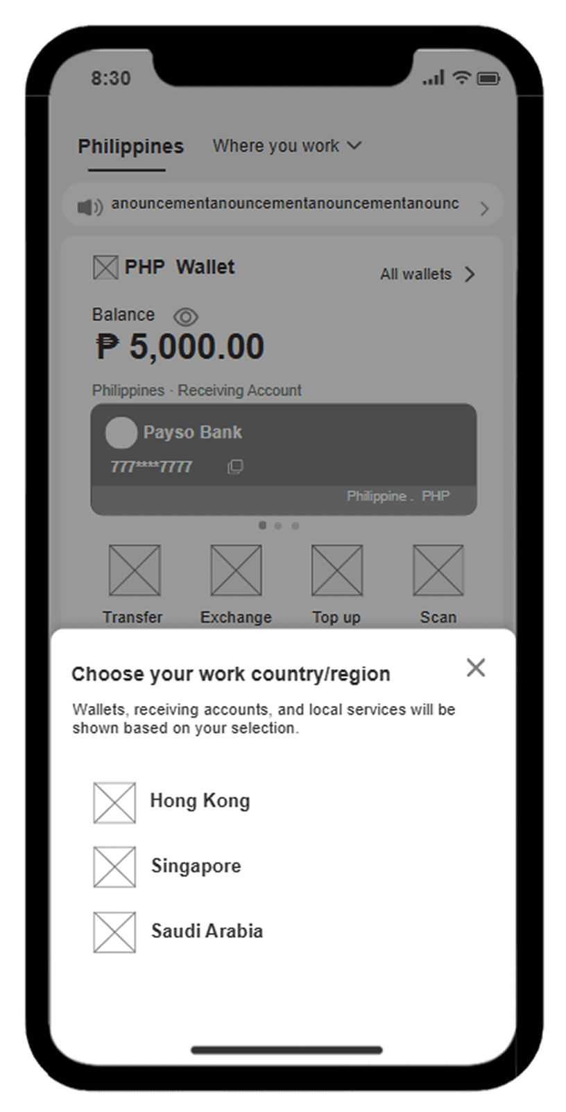 wireframe showing the work-country selection